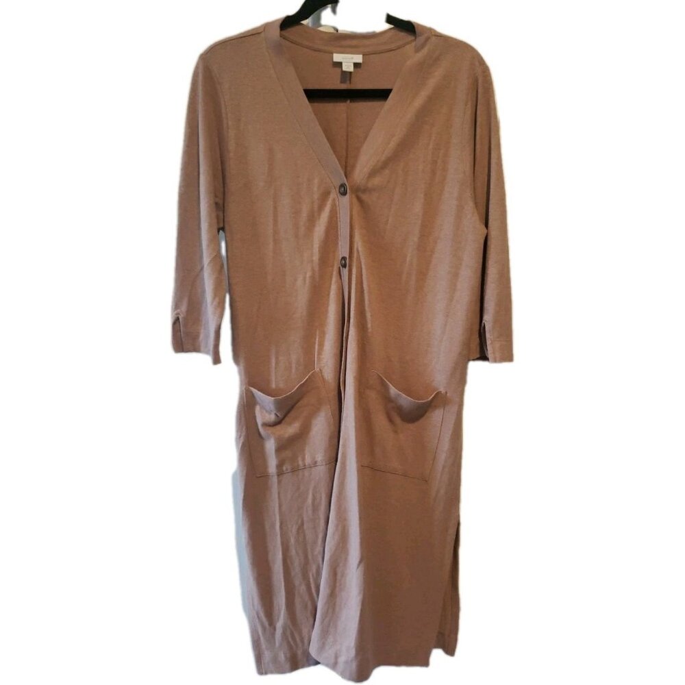 Pure Jill Duster Cardigan 3/4 Sleeve Button Pocket Hemp Organic Cotton Brown M
